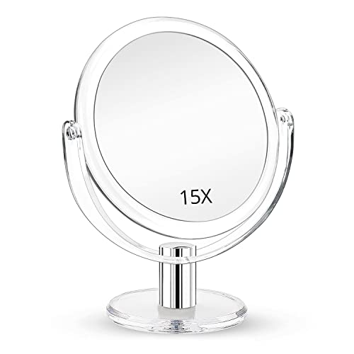 Fabuday Magnifying Makeup Mirror 1X & 15X - Double Sided Desk Vanity Mirror with Magnification, Two Way Make Up Mirror for Table, Magnified Tabletop Cosmetic Mirror for Bathroom, Transparent