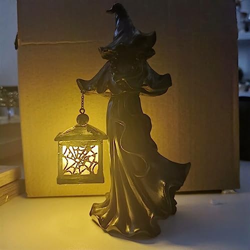 Faceless Ghost Sculpture Halloween Decorations, Hell's Messenger with Lantern, Vintage Halloween Witch LED Lantern Resin Statue for for Home Outside Yard Lawn Garden Party Halloween Decor