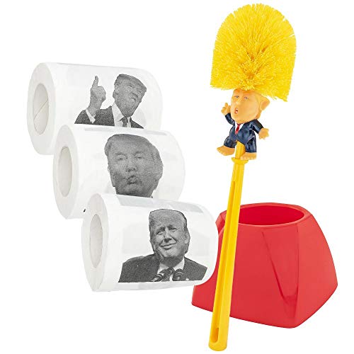 Fairly Odd Novelties Donald Trump Bowl Brush w Base 3 Pack Toilet Paper Set White Elephant Novelty Gag Gift Make Bathrooms Again, Yellow (FON-10342)