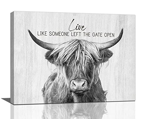 Farmhouse Highland Cow Wall Art Black and White Cow Bathroom Pictures Decor Rustic Cattle Canvas Painting Country Cow Decorations Framed Artwork for Living Room Kitchen Bedroom 16"x12"