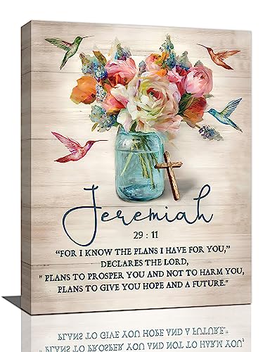 Farmhouse Scripture Wall Art Religious Bible Verses Canvas Prints Painting Rustic Floral Flower Pictures Framed Country Christian Gifts Hummingbird Artwork Home Decor for Church Bathroom Dining Living Room 12"x16"