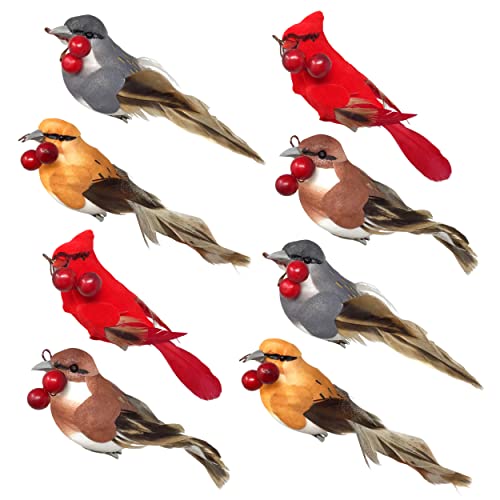 Feathered Song Bird Clip-On Ornaments - Set of 8 Assorted Styles of Birds