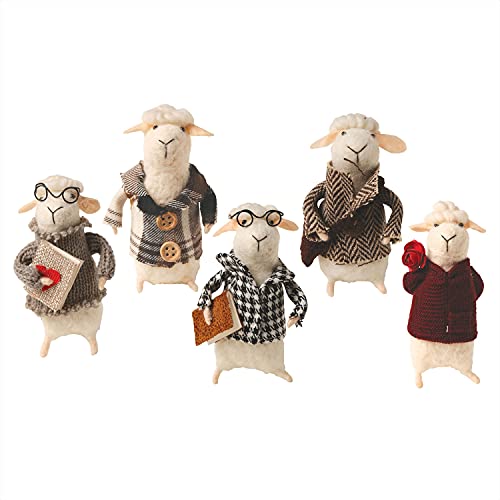 Felted Wool Sheep Decor - 5 Piece Little Sheep in Clothes Decorative Figurines - Cute Lamb Ornament Set
