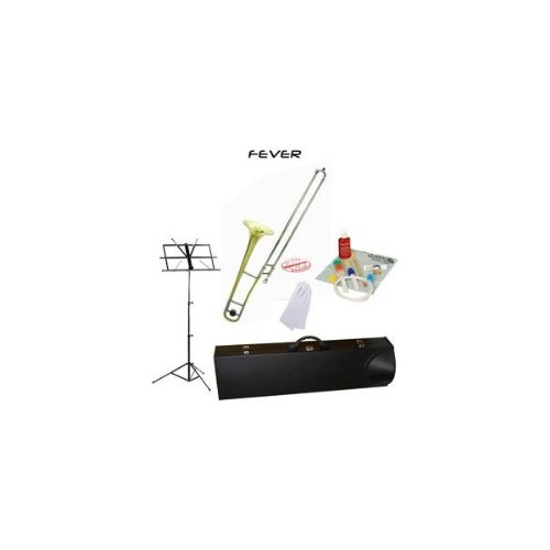 Fever Student Slide Gold Lacquer B Flat Trombone School Package with Case Music Stand and Cleaning Kit FEV-ST-PACK