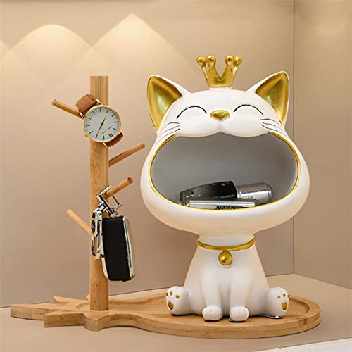FIALAME Key Bowl for Entryway Table, Fortune Cat Statue Candy Dish for Office Desk Art Home Decor (White)