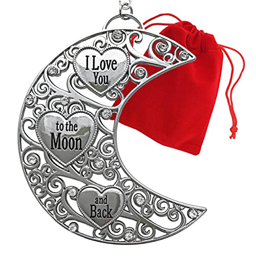 Filigree Moon Christmas Ornament with Engraved Words & Jeweled Accents