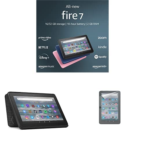 Fire 7 tablet (32 GB, Black, Ad-Supported) + Amazon Standing Case (Black) + Screen Protector (2-Pack)