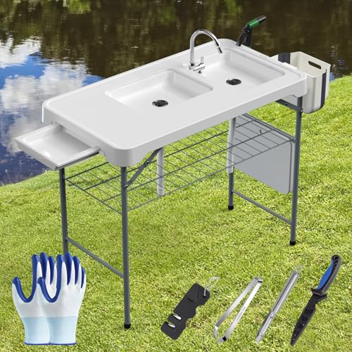 Fish Cleaning Table with Double Sinks and Measure Mark