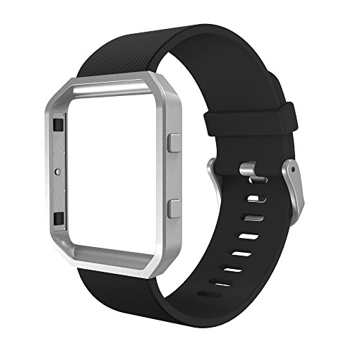 Simpeak Sport Band Compatible with Fitbit Blaze, Silicone Wrist Band with Metal Frame Replacement for Fitbit Blaze Men Women, Small 5.5-6.7 inch, Black Band+Silver Frame