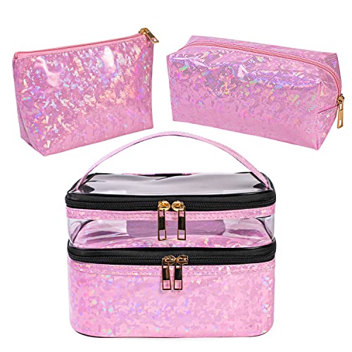 FITINI Makeup Bags Double Layer Travel Large Holographic Cosmetic Cases Organizer
