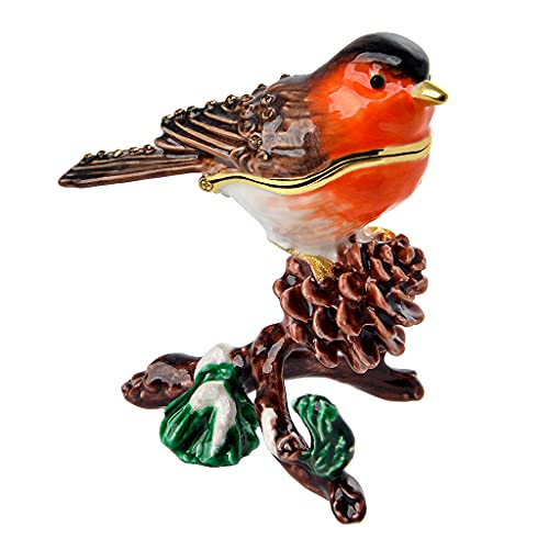 FJ FENGZHIJIE European Robin Figurine Home Decor Bird Trinket Jewelry Box Hinged Golden Handmade Crystal Animal Keepsake Gifts for Birds Lover