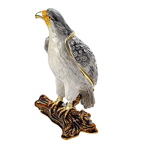 FJ FENGZHIJIE Trinket Box Hinged Eagle Figurine Gray Hawk Golden Jeweled Enameled Bird Home Decor, Gifts