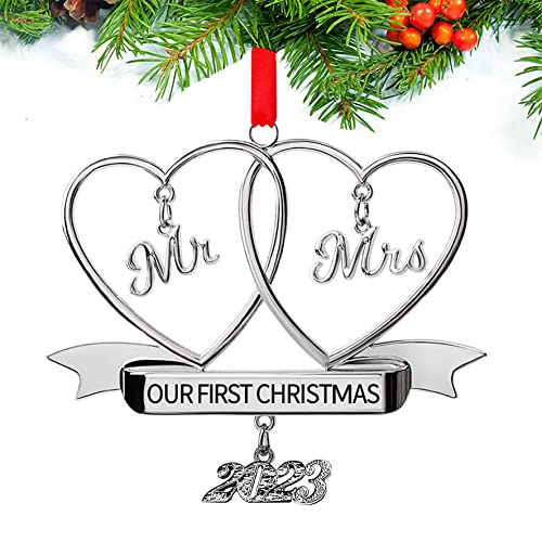FKOG 2023 Metal Our First Christmas As Mr and Mrs Ornaments, Mr & Mrs Newlywed Xmas Tree Decoration Just Married for Couples (Silver Mr & Mrs -2)