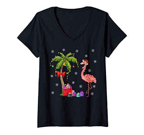 Flamingo Lover Xmas Gift Santa Hat Flamingo Christmas V-Neck T-Shirt