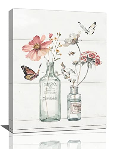 Floral Bathroom Wall Art Rustic Vase Flower Butterfly Pictures Wall Decor Farmhouse Country Flower Botanical Canvas Prints Painting Modern Home Framed Artwork for Restroom Bedroom 12"x16"