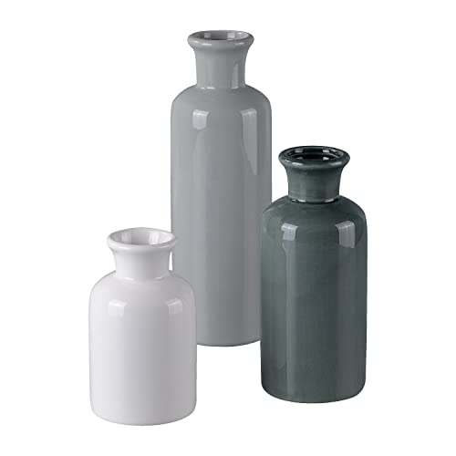Flower Vintage White/Blue/Gray Vase for Decor Set of 3, Ceramic Rustic Vase for Decor, Modern Farmhouse Vase for Bookshelf, Living Room, Office