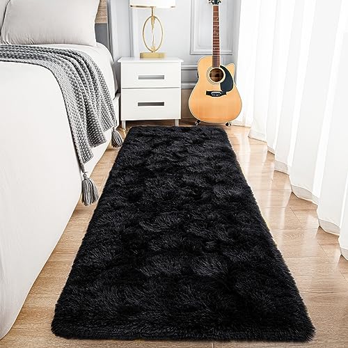Fluffy Black Runner Rug for Bedroom