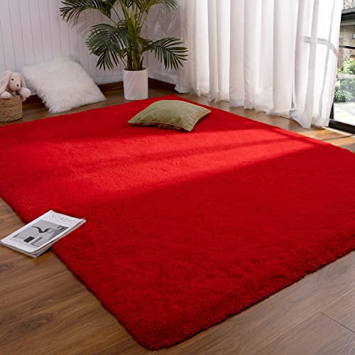 Fluffy Red Area Rug for Bedroom