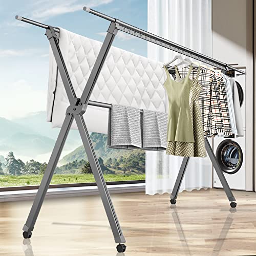 JAUREE 79 Inches Clothes Drying Rack, Stainless Steel Garment Rack  Adjustable and Foldable Space Saving Laundry Drying Rack for Indoor Outdoor  with 20