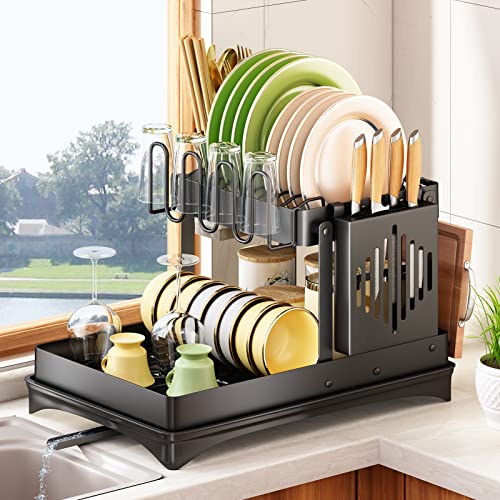 Foldable Two Tier Dish Drying Rack with Utensil Holder