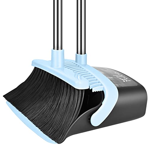 Folews Broom and Dustpan Set - Heavy Duty, Upright Dustpan Broom