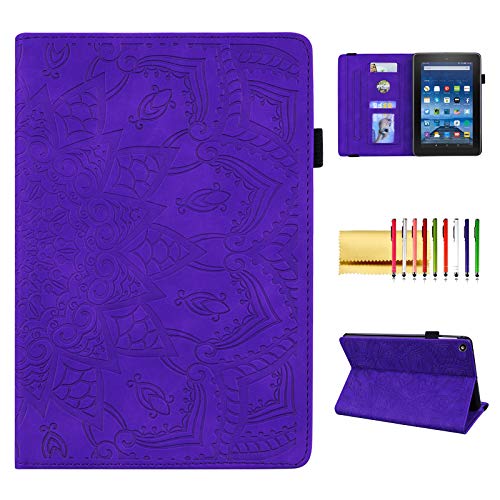 Folio Case for Fire HD 8.0" 2015/2016/2017/2018, Techcircle PU Leather Stand Soft TPU Back Cover Slim Fit Mandala Embossed Case with Card Holder for Kindle Fire HD 8 8th/7th/6th/5th Generation, Purple