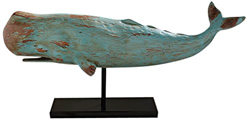 Folk Art Faux Wood Whale Statue on Display Stand