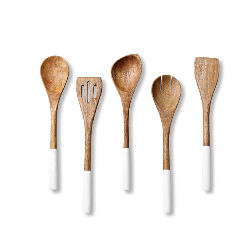 Folkulture Wooden Spoons for Cooking Set for Kitchen, Non Stick Cookware Tools or Utensils Includes Wooden Spoon, Spatula, Fork, Slotted Turner, Corner Spoon, Set of 5, 12 Inch, Acacia Wood (White)