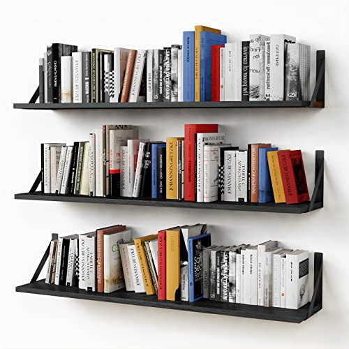 Forbena Floating Shelves 36 Inches Long 8 in Deep Set of 3, Large Wall Shelf for Bedroom Books, Heavy Duty Wide Wall Shelving for Closet Organizers and Storage, Living Laundry Room, Library (Black)