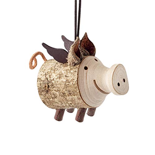 Forest Decor Wooden Rustic Ornaments for Christmas Tree - Handcrafted Hanging Decor with Hang Tie - Natural Wood Nativity Scene Decorations for Xmas, Holiday & Party (Flying Pig, 1)