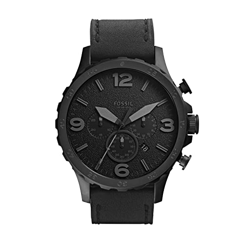 Fossil Men's Nate Quartz Stainless Steel and Leather Chronograph Watch, Color: Black (Model: JR1354)