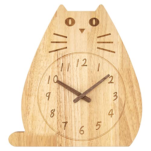 Foxtop Cute Cat Wall Clock Silent Battery Operated Animal Cartoon Kids Clock for Classroom Playroom Bedrooms Home Decor (Wood)