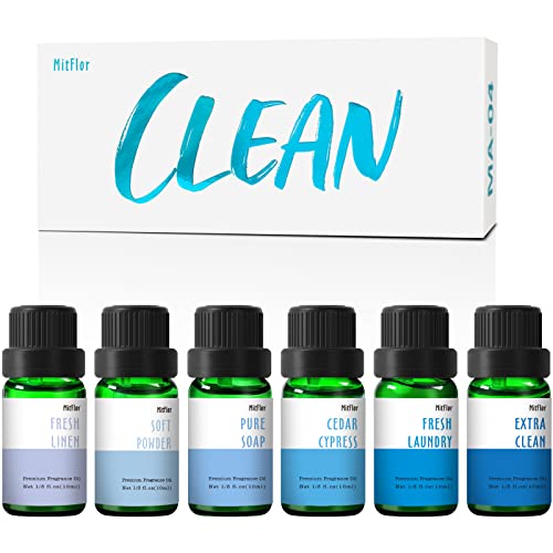 Fragrance Oil, MitFlor Clean Set of 6 Premium Scented Oils, Soap & Candle Making Scents, Refreshing Clean Essential Oils for Diffusers for Home, Cedar Cypress, Pure Soap, Fresh Linen & More