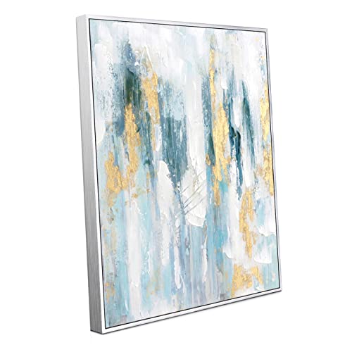 Framed Abstract wall art with Gold-foil - Grey blue canvas artwork decor with gold hand texture for modern style decor, Ready to hang