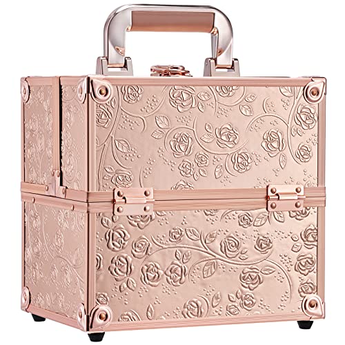 FREENESSA Makeup Train Case Cosmetic Box Portable Makeup Case Organizer 4 Trays Travel Case Storage with Dividers Lockable for Makeup Artist, Crafter, Makeup Tools Rose Gold Floral
