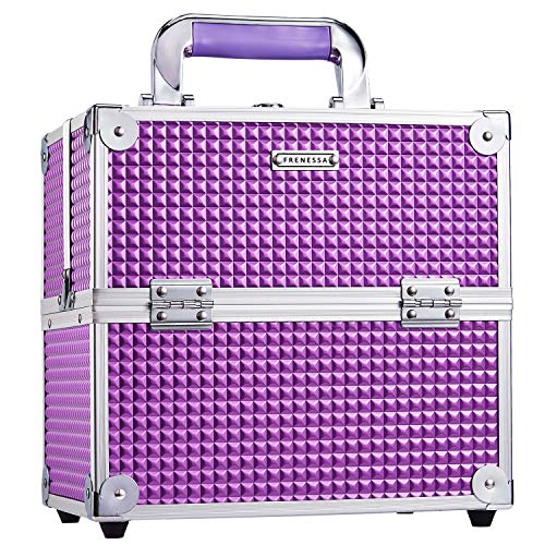 Frenessa Makeup Train Case Cosmetic Box Organizer Storage Portable 4 Trays Jewelry Storage Organizer with Lockable Dividers for Makeup Artist, Crafter, Makeup Tools Traveling Makeup Case Purple