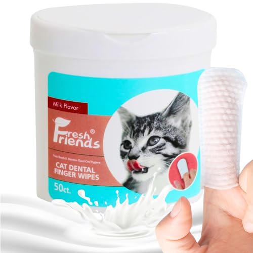 Fresh Friends Best Cat Dental Care Teeth Cleaning Finger Wipes - Reduces Plaque & Freshens Breath - Pet Wipes for Cats - Oral Health for Cats - Cat Tooth Wipes - 50 Count - Milk Flavour