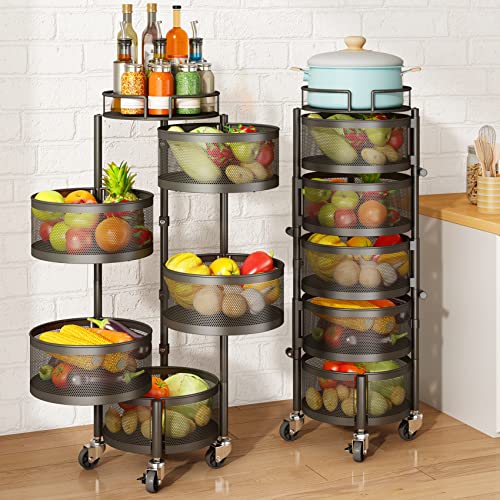 Fruit and Vegetable Basket Bowls for Kitchen with Metal Top Lid, SNTD 5 Tier Rotating Storage Rack Cart for Potato Onion Bread Banana, Wire Basket Organizer on Wheels, Large, Black
