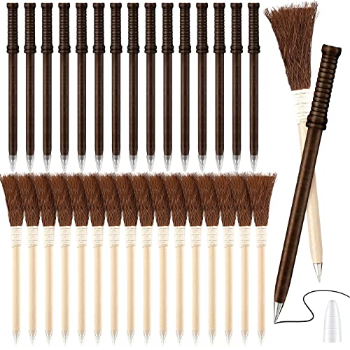 Fumete 30 Pieces Wizard Wand Pecils and Broom Pens Bulk Witch Broom Ballpoint Pen Wizard Party Favors Broomstick Ballpoint Pen with Pen Cap for Teen Kids Party Birthday Gift School Rewards(Basic)