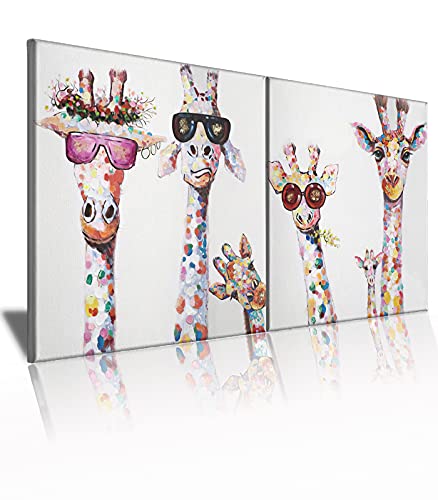 Funny Animal Canvas Wall Art Decor Lovely Giraffes Family Cartoons Painting Prints Picture Framed Stretched Wall Decoration Bedroom Kids Nursery Room Gift