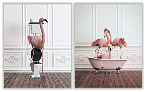 Funny Bathroom Flamingo Wall Art Set