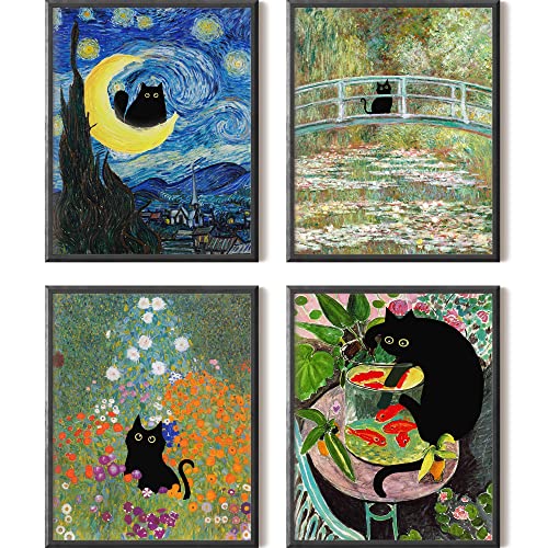 Funny Black Cat Wall Art Prints, Van Gogh, Matisse, Monet, Eclectic Aesthetic Decor, Unframed, 8x10 Inch
