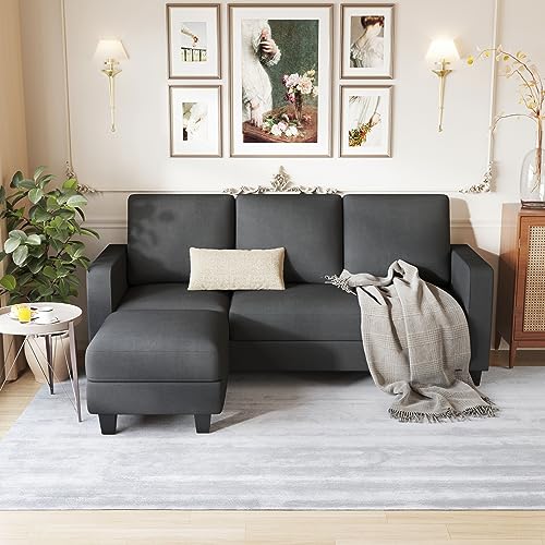 Furniwell Convertible Sectional Sofa Couch, L Shaped 3-Seat Small Couch for Living Room with Ottoman Modern Fabric Reversible Chaise for Apartment and Small Space(Dark Gray)