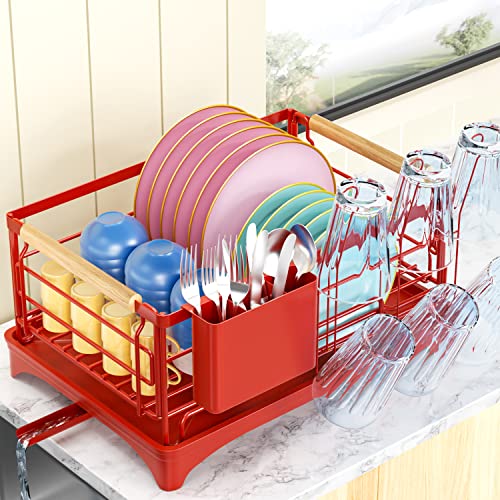 MegaChef 17 inch Red and Silver Dish Rack with Detachable Utensil Holder and A