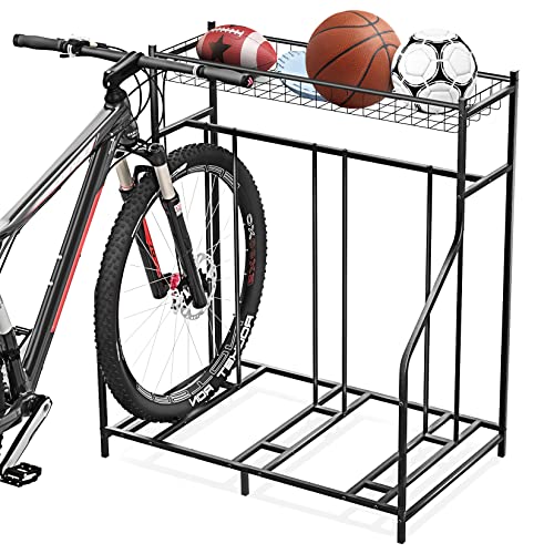 Gadroad 3 Bike Rack Garage with Storage Basket, Bike Stand Floor, Garage Organizer Bike Parking Rack, Metal Floor Bicycle Rack Station