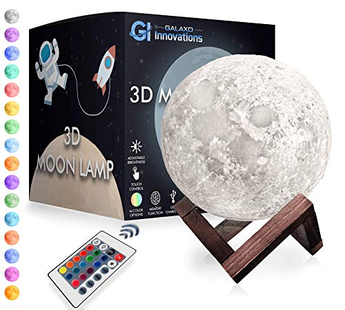 Galaxo 3D Moon Lamp with Dark Oak Stand - Modern Lunar Night Light