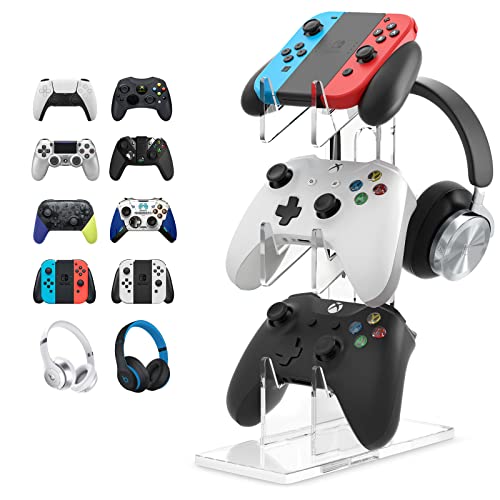 Game Controller Holder Headset Stand: Universal Dual Controller Holder 3 Tier Headset and Controller Holder Acrylic Holder Storage Gamepad Headphone Stand, for Xbox Series PS5 PS4 (Clear)