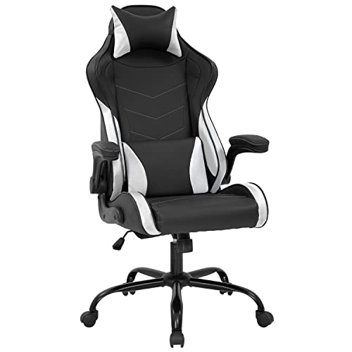 Gaming Chair Office Chair PC Computer Chair with Lumbar Support Headrest Flip up Armrest Task Rolling Swivel Ergonomic Adjustable E-Sports Desk Racing Chair(White)