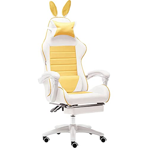 Gaming Chair Pink,Computer Office Chair Cute Pink Rabbit Style, with Retractable Arms and Footrest Adjustable Massage Lumbar Cushion Ergonomic Computer Desk Chair,Yellow
