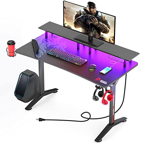 Gaming Desk with LED Lights & Power Outlets